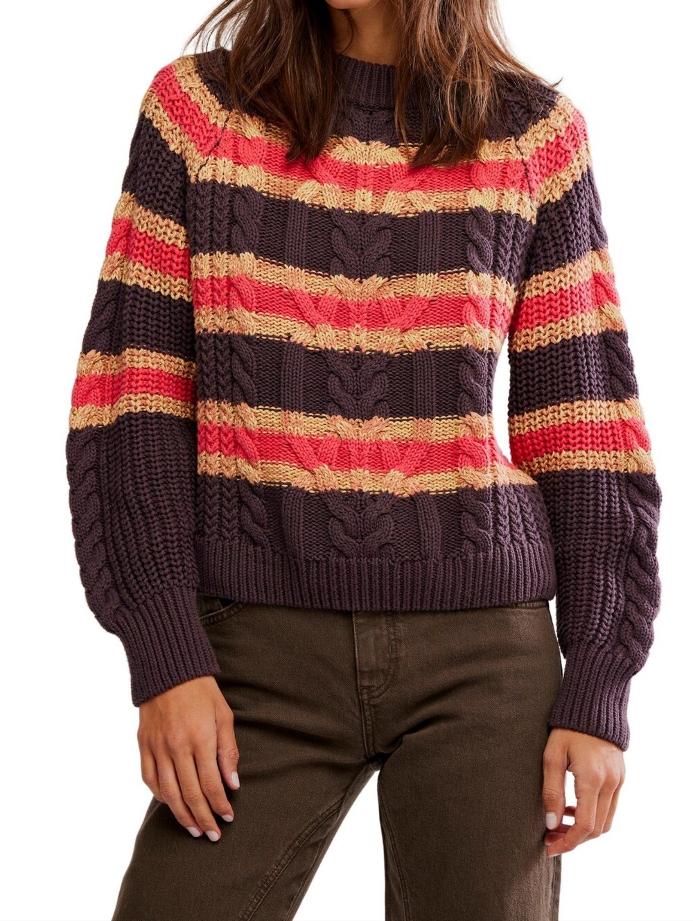 NWT Free People Frankie Stripe Cable Stitch Cotton Sweater LARGE